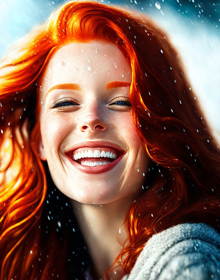 Red-haired woman smiling in snowfall with glowing water droplets on skin