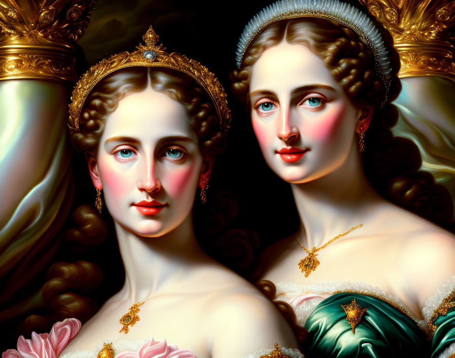 Digital illustration: Two regal women with ornate hairstyles and historical dresses in gold and green.