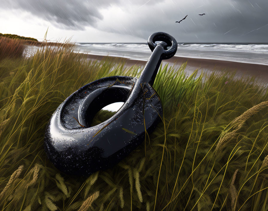 Abandoned black futuristic saxophone on grass with stormy beach backdrop