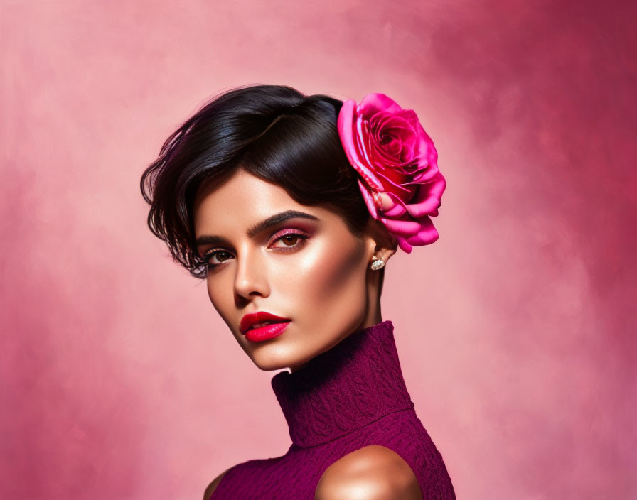 Woman with pink rose in hair and maroon lipstick in high-collared dress on pink backdrop