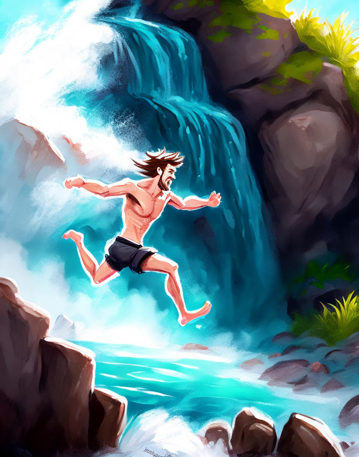 Long-haired man leaps mid-air above water pool with waterfall background.