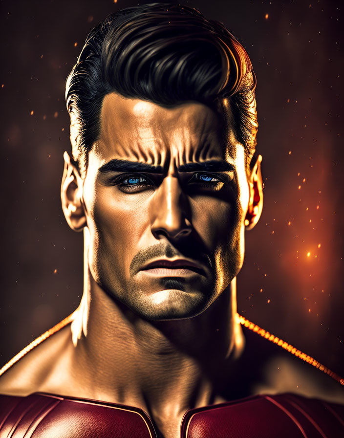 Superhero digital art: slicked-back hair, blue eyes, red suit, yellow cape, fiery