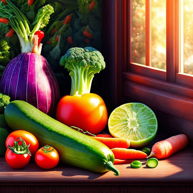 Fresh Vegetables on Wooden Windowsill with Sunlight Filtering Through Window