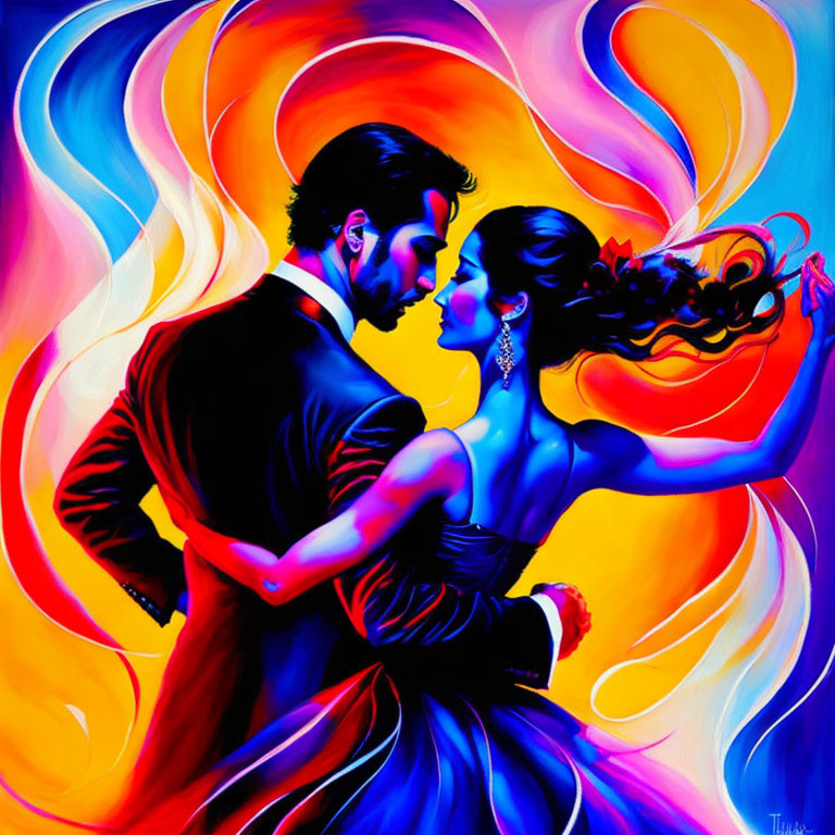 Colorful painting of couple dancing in swirling colors.