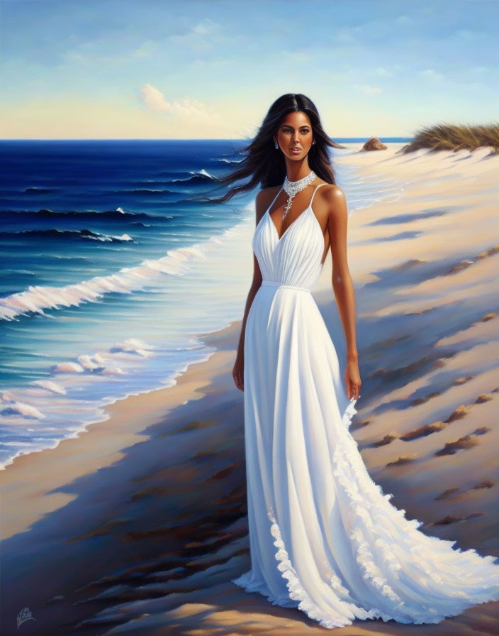 Woman in white dress on sandy beach with waves and dunes in background