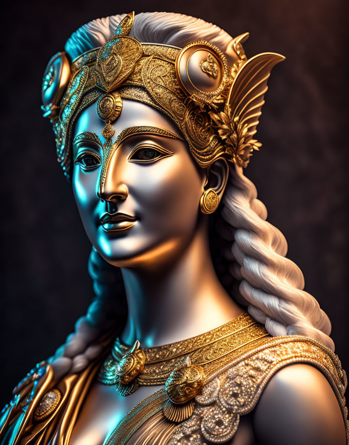 Golden-armored woman with braided hair in 3D render against dark backdrop