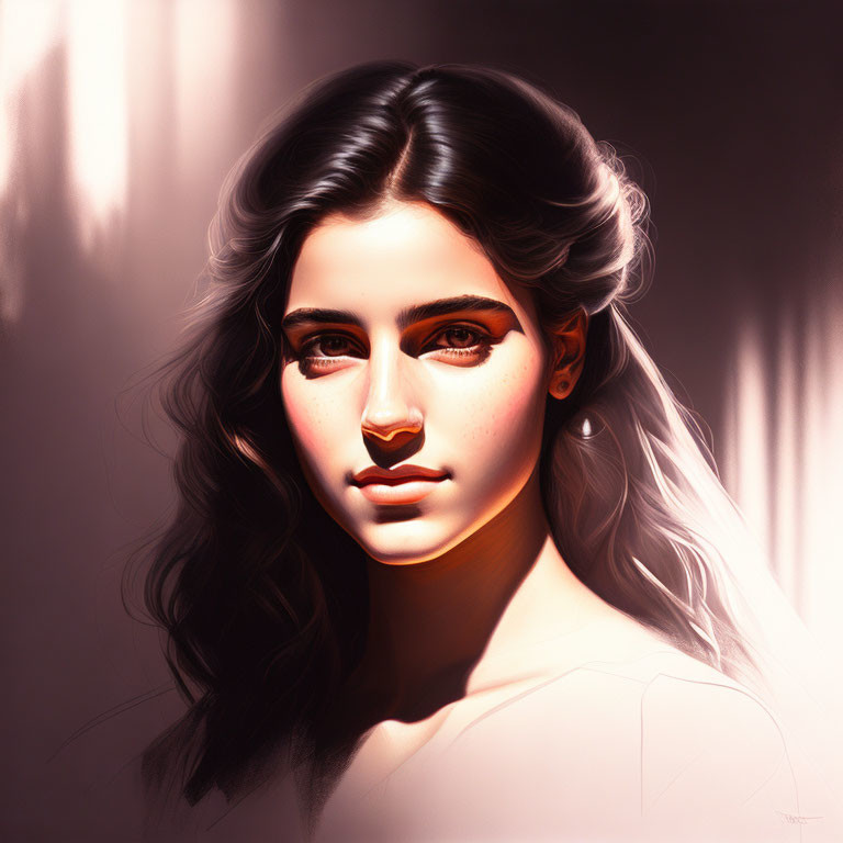 Digital artwork: Woman with wavy hair and brown eyes in soft light