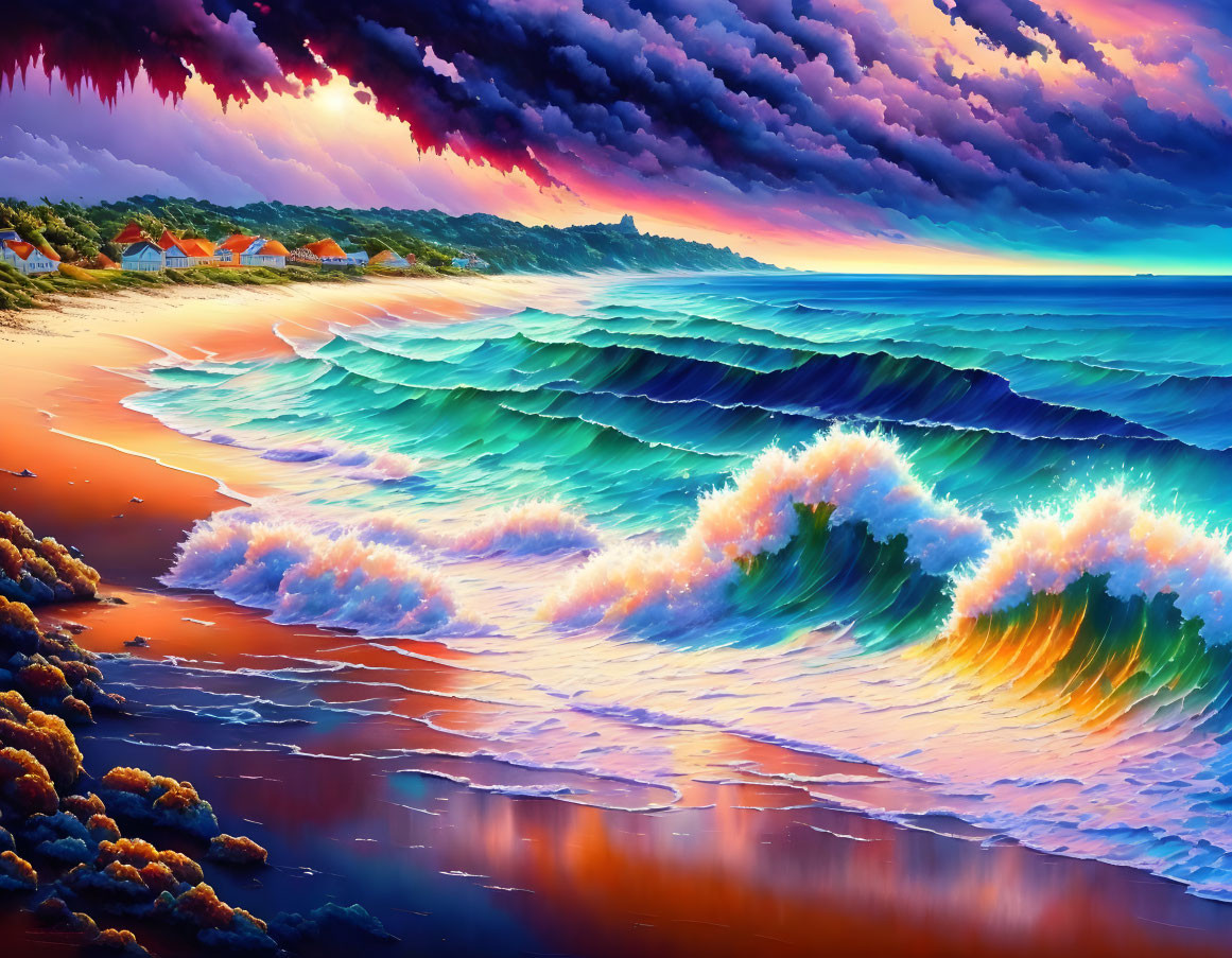 Colorful beachscape with crashing waves, coral, sunset sky, and beach huts