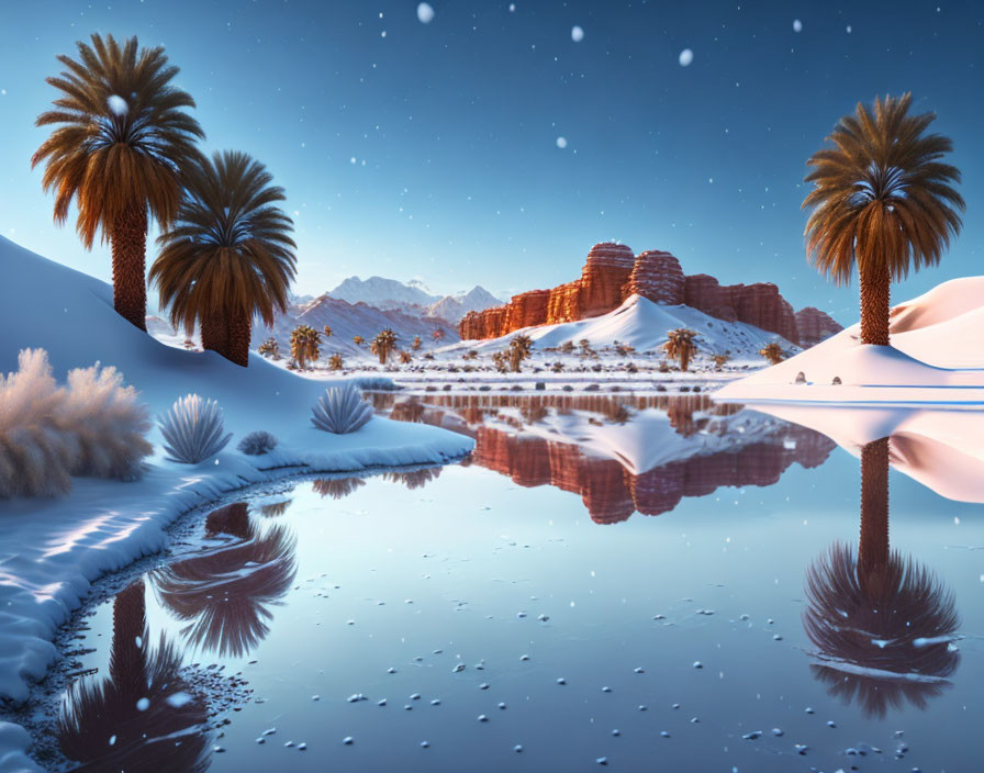 Twilight desert oasis with palm trees, snowy ground, clear reflections, and red rock backdrop