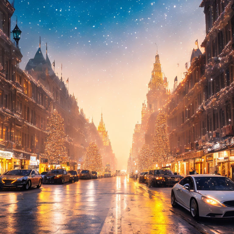 City street at dusk: festive lights, snowfall & holiday ambiance