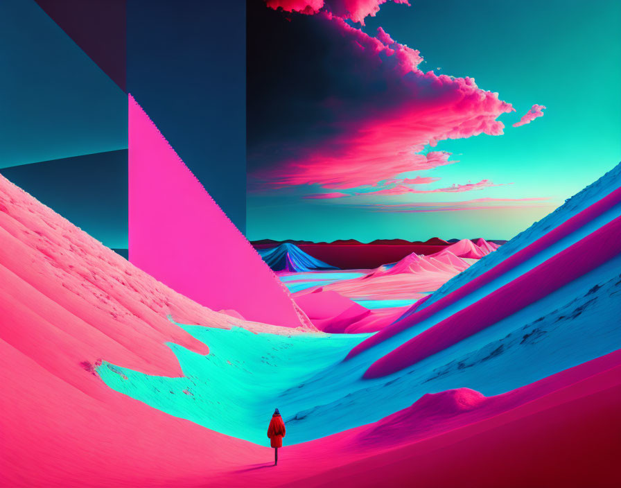 Vibrant pink and turquoise surreal landscape with lone figure walking beneath neon sky