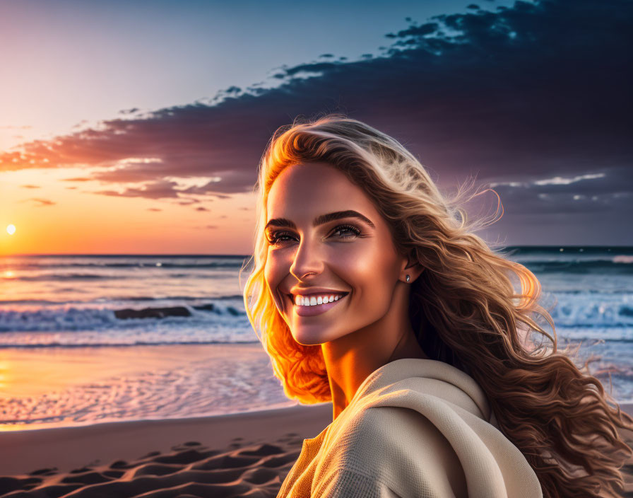 Smiling woman on beach at sunset with golden light on hair.