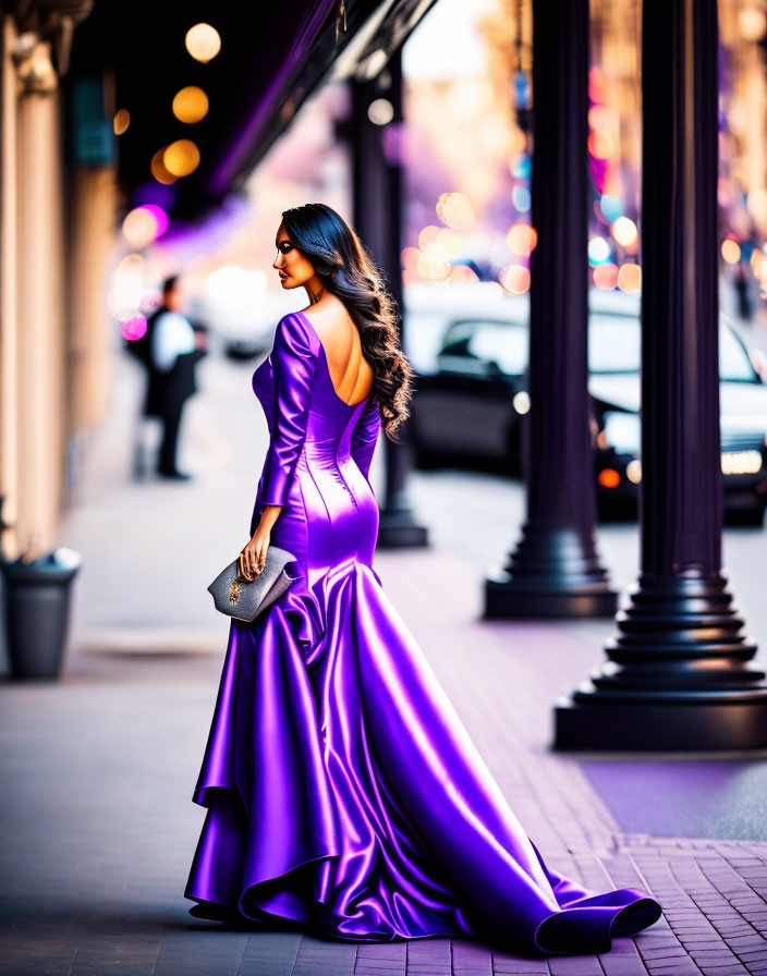 Woman in Open-Back Purple Dress Walking City Street