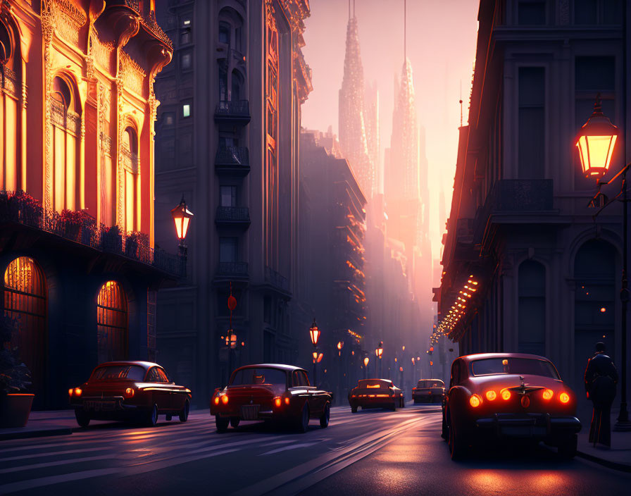 Vintage city street at sunset with classic cars and street lamps