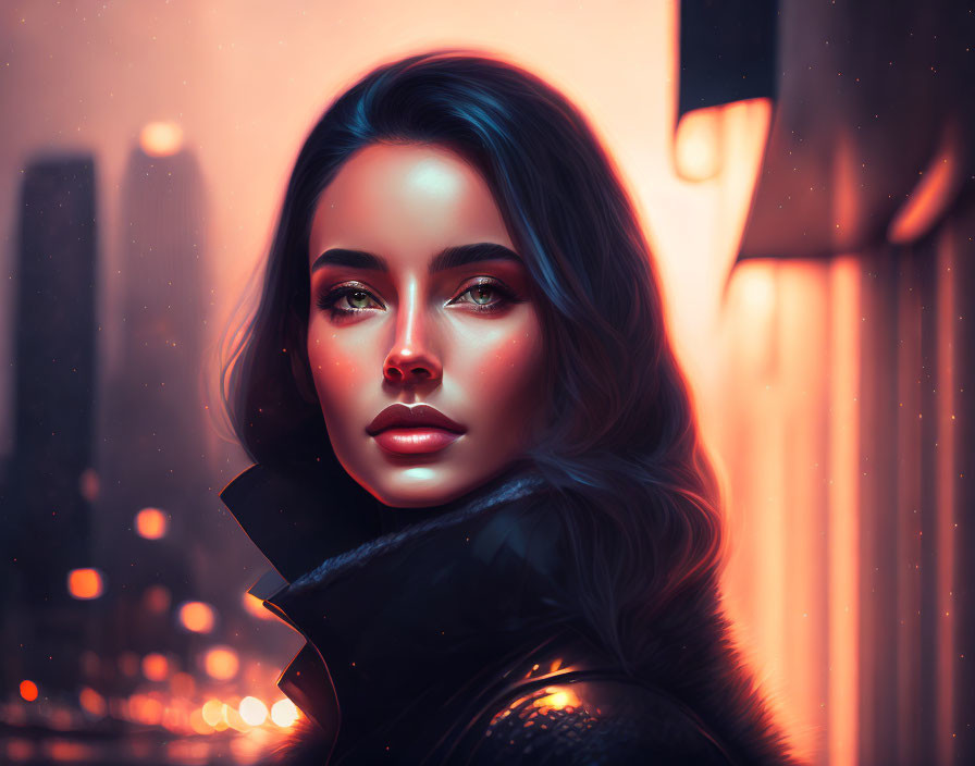 Digital artwork: Woman with striking features against blurred cityscape at twilight