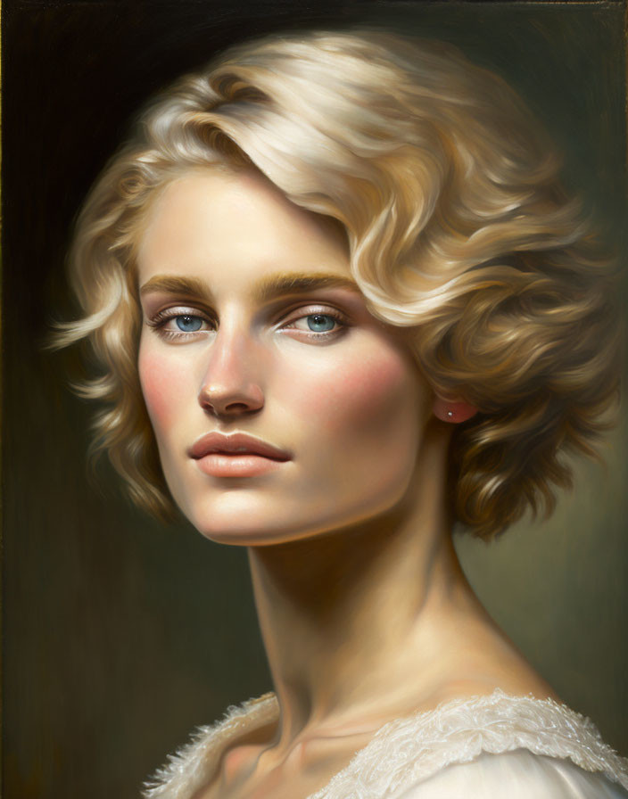 Blonde Curly-Haired Woman in White Dress Portrait