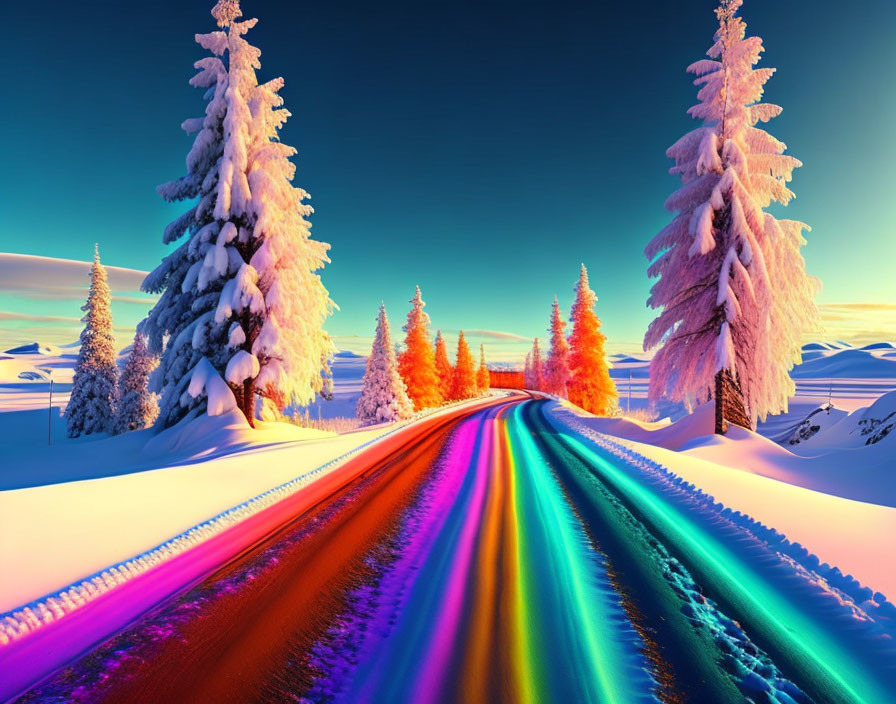 Snowy landscape with rainbow-colored road and snow-covered trees