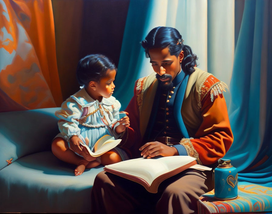 Historical military uniform man reading to child on sofa with vibrant background