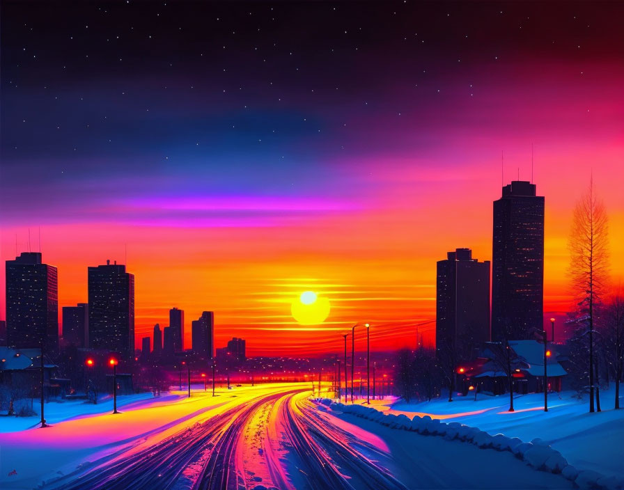 Snow-covered cityscape under purple and orange sunset sky