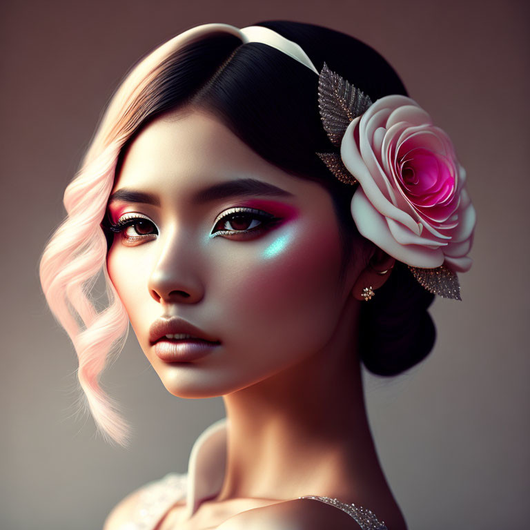 Stylized portrait of woman with pink hair and rose accessory