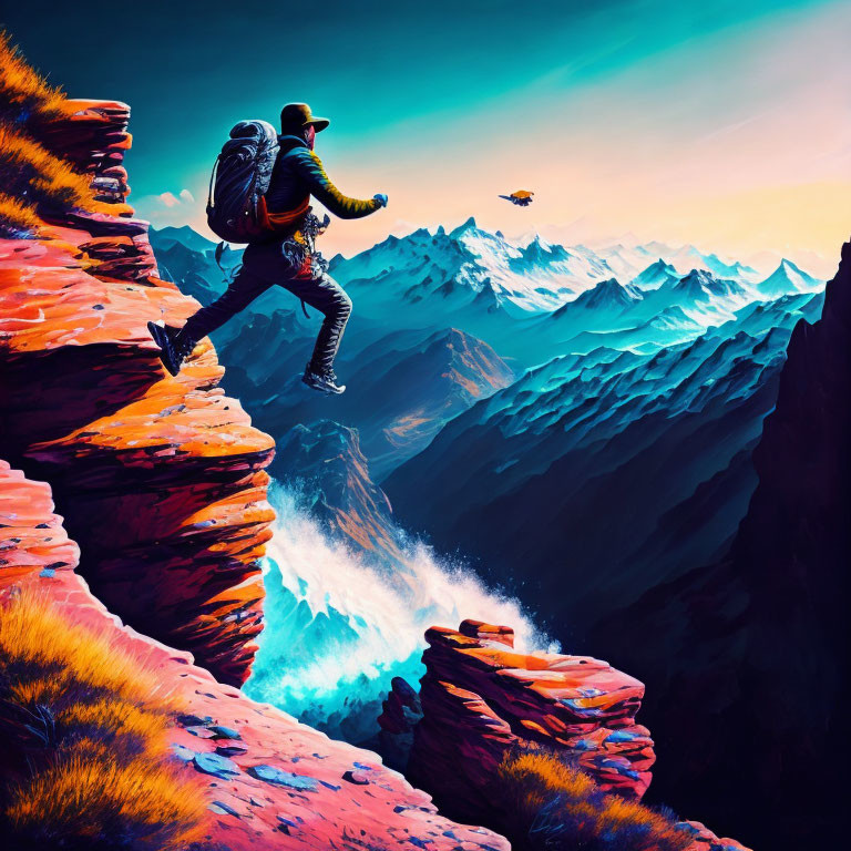 Person with backpack jumping between cliffs above vibrant mountainscape with drone.