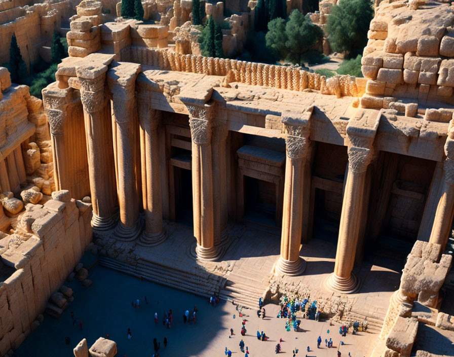 Ancient Temple with Towering Columns and Intricate Carvings