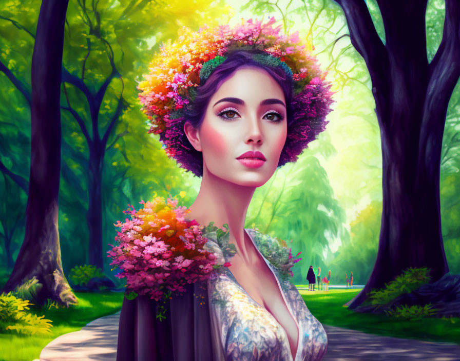 Colorful floral wreath woman in lush green forest portrait.