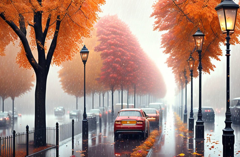 Autumn street scene: rainy day, orange leaves, vintage lampposts, car lights,