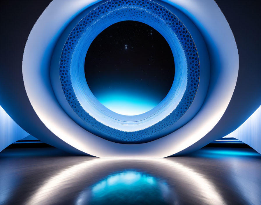 Circular tunnel with blue illuminated walls and starry sky view.