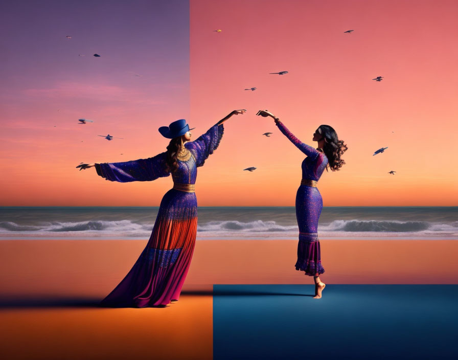 Two Women in Elegant Dresses and Hats on Surreal Split-Tone Beach