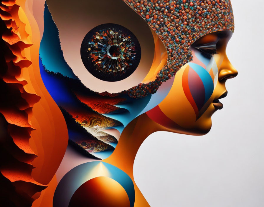 Stylized digital artwork: Vibrant, abstract profile face with multi-dimensional illusion