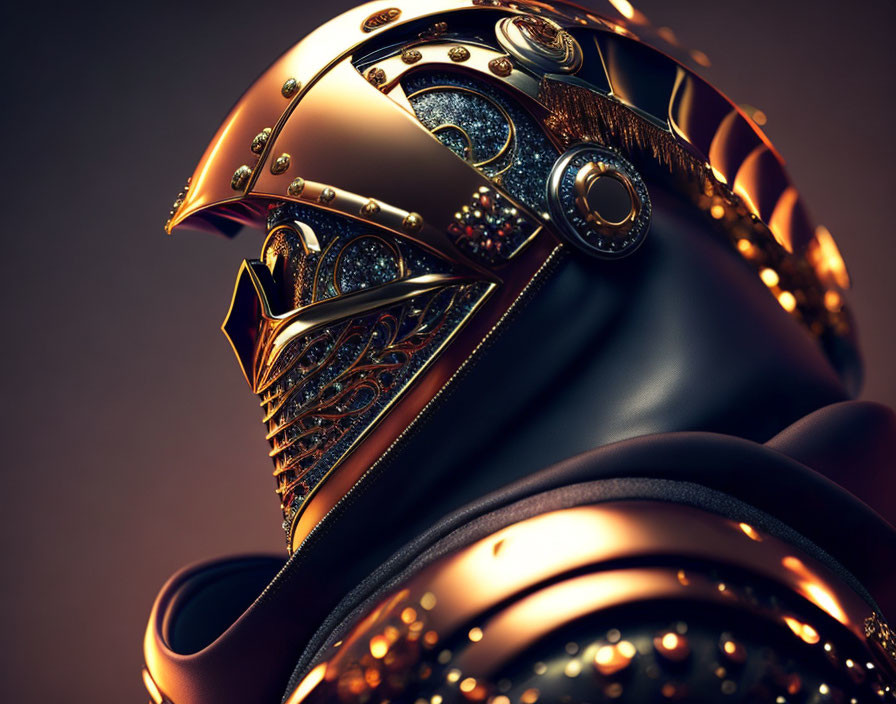 Intricate Golden Helmet with Gemstones and Glossy Surface