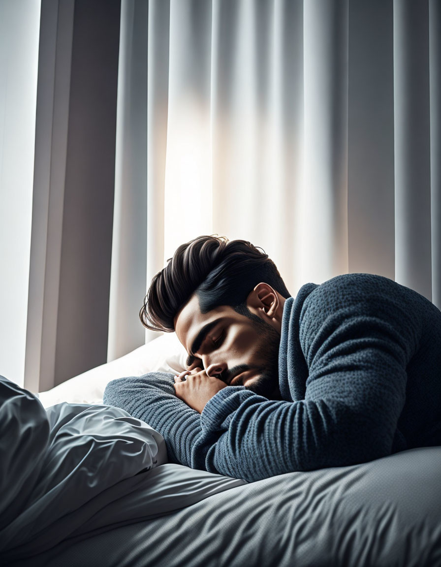 Man lying on bed with head on hands under sunlight through blinds