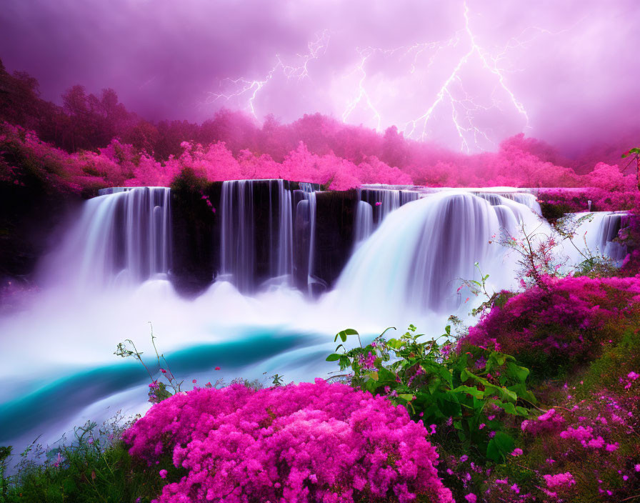 Vibrant surreal landscape with waterfall and lightning strike