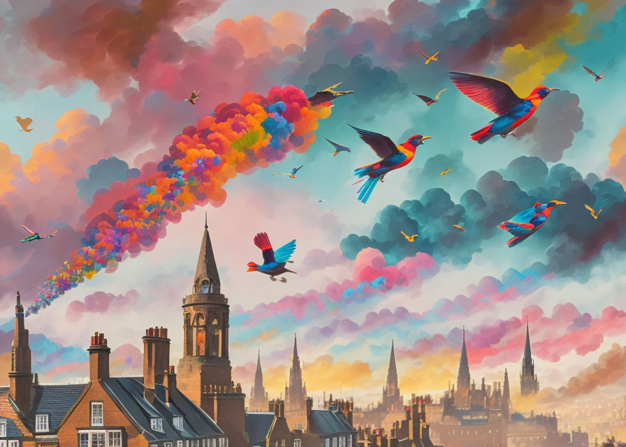 Vibrant birds in flight with colorful smoke over cityscape at sunset