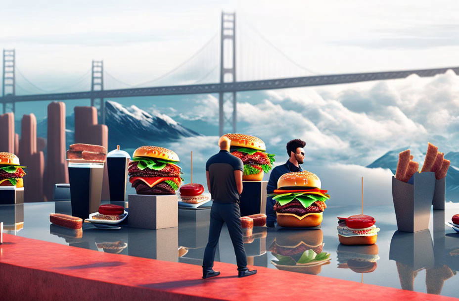 Surreal landscape with giant floating burgers and hot dogs