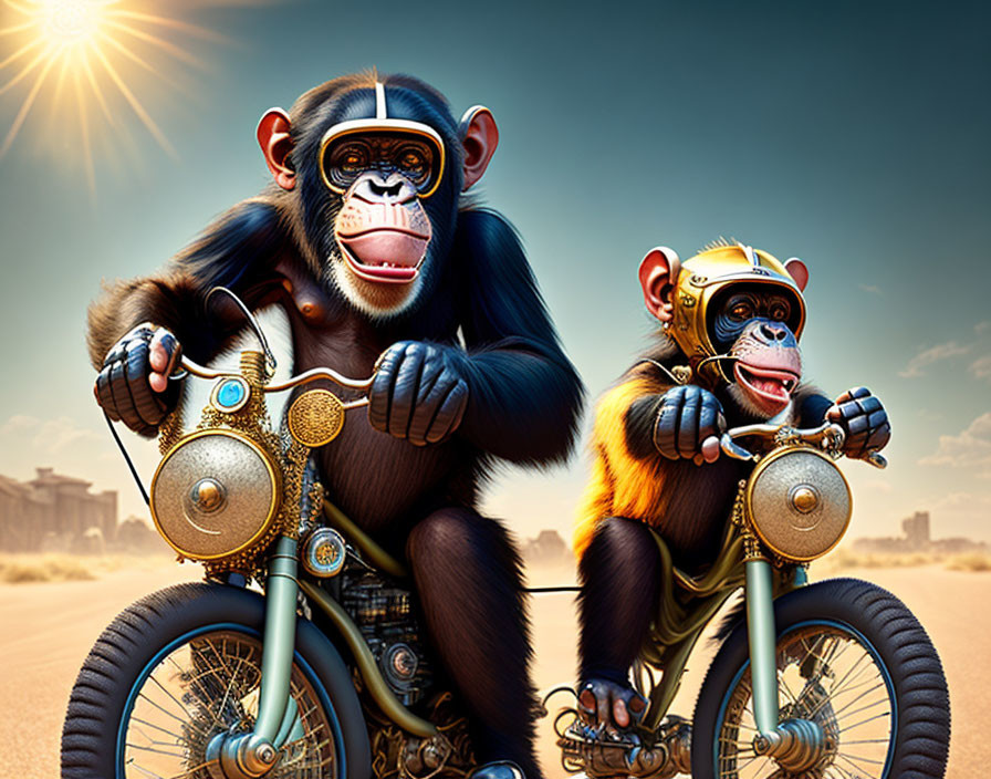 Anthropomorphic chimps on motorcycles under sunny sky