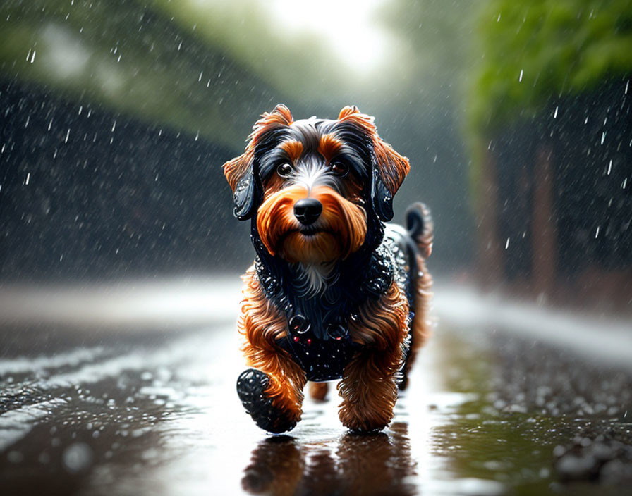 Fluffy dog running on wet road in rainstorm