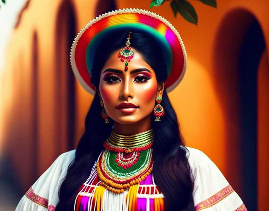 Vibrant digital artwork of a woman in traditional attire with sombrero