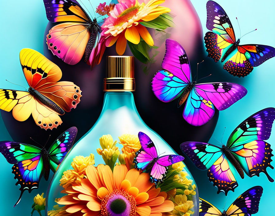 Perfume bottle with vibrant flowers and butterflies on turquoise background