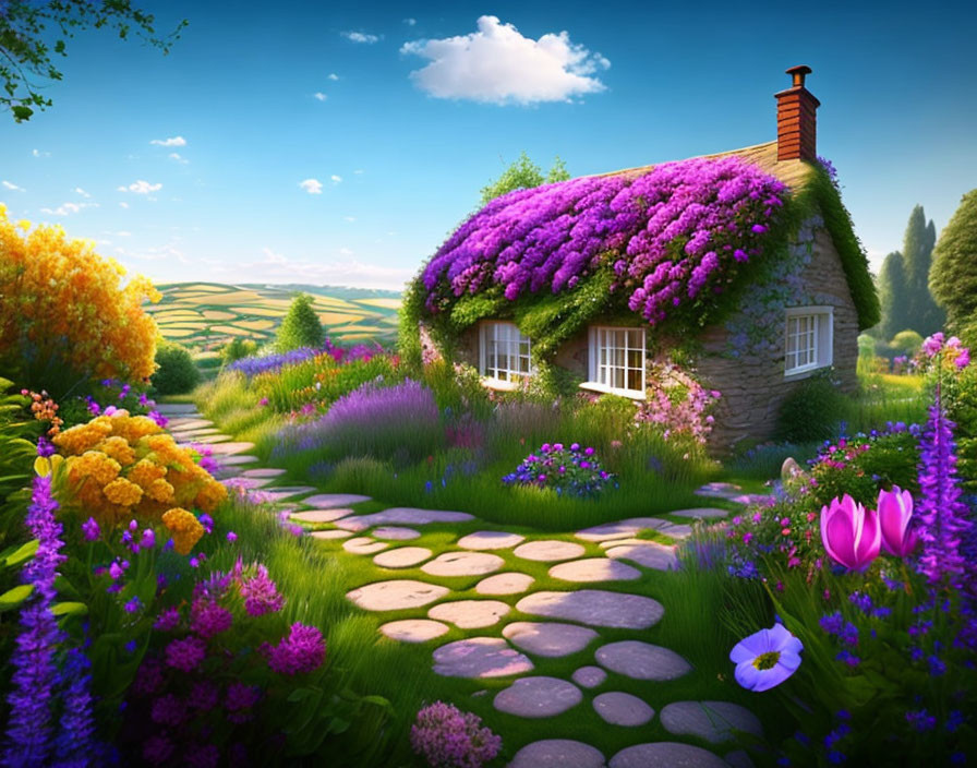 Stone cottage with vibrant purple-flowered roof in colorful garden