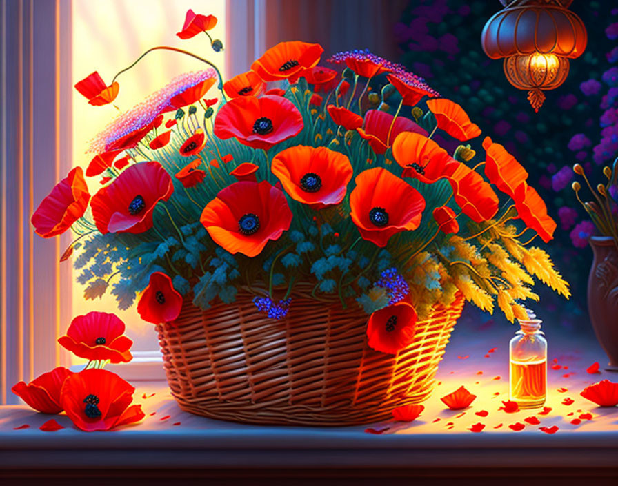 Colorful digital illustration: Basket of red poppies by window with lantern glow