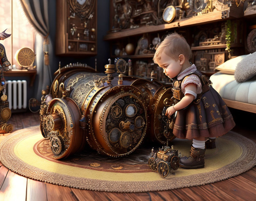 Toddler in vintage dress near steampunk-style device in mechanical room