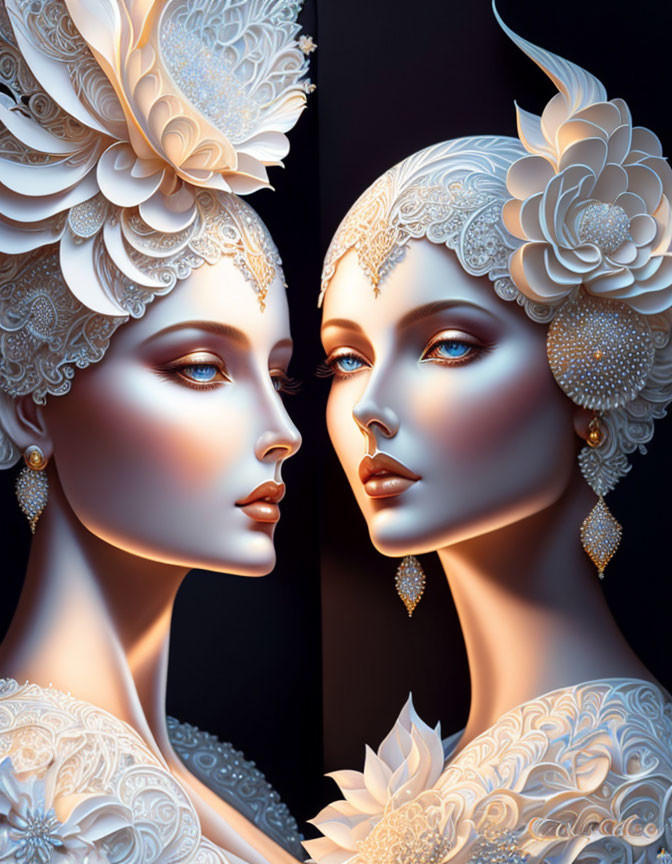 Illustrated women in ornate white headpieces and jewelry mirroring each other on dark background