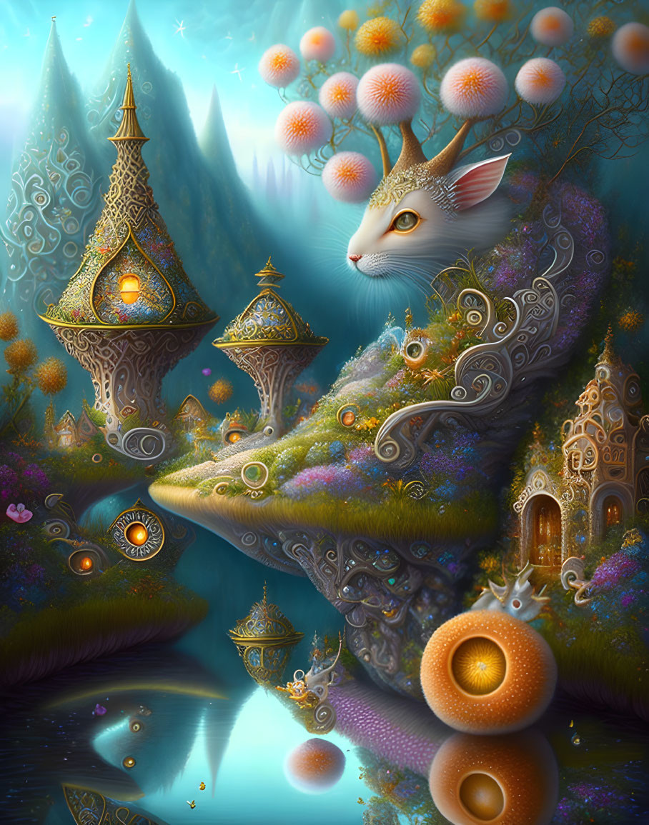 Enchanting artwork of magical forest with giant cat's head amidst fantasy scenery