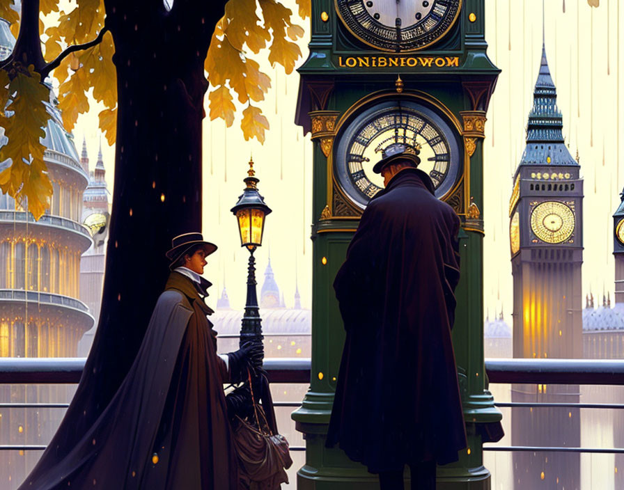 Vintage Clothing Couple near Lamp Post with Big Ben in Autumn Setting