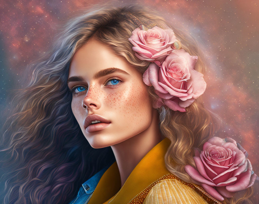 Digital Portrait: Woman with Blue Eyes, Freckles, Curly Brown Hair & Pink Roses on