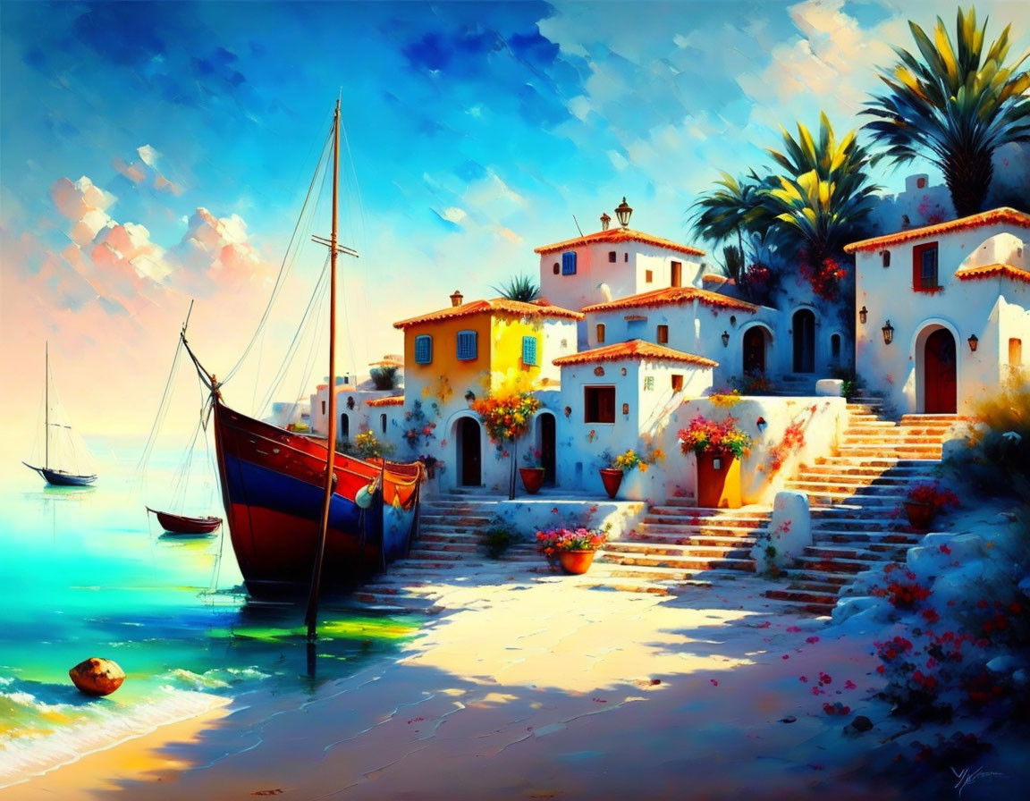 Colorful Coastal Mediterranean Village Painting with Boats and Palm Trees