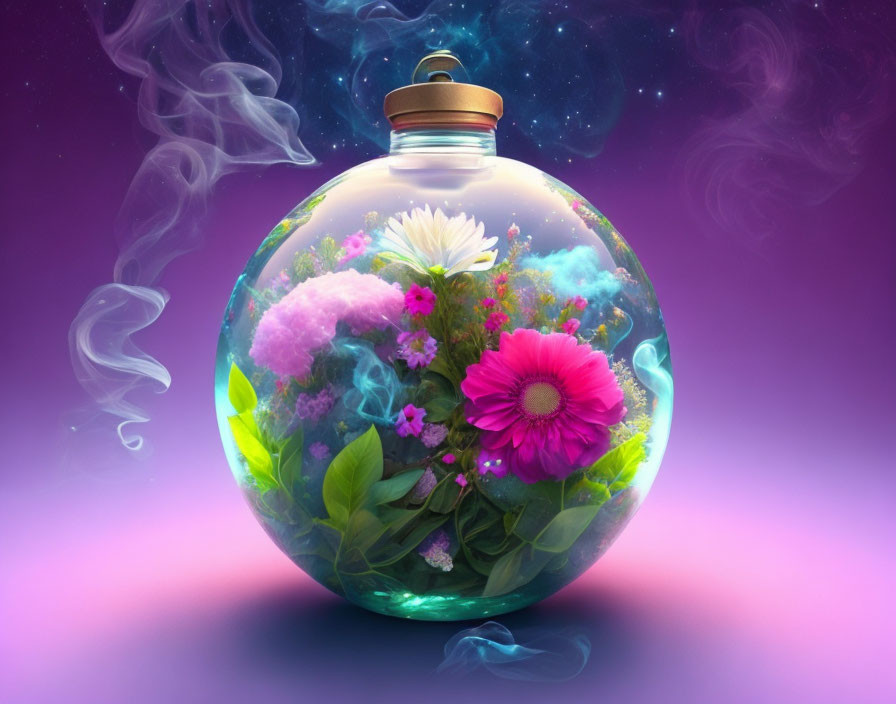 Colorful fantasy terrarium with vibrant flowers and mystical smoke