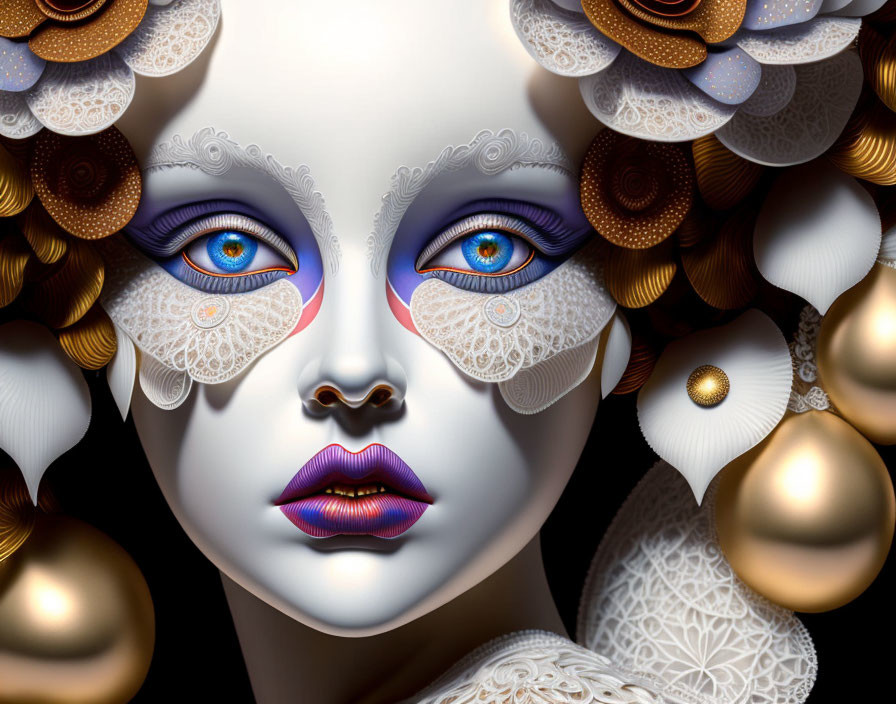 Surreal digital art: Woman's face with lace patterns, golden adornments, blue eyes